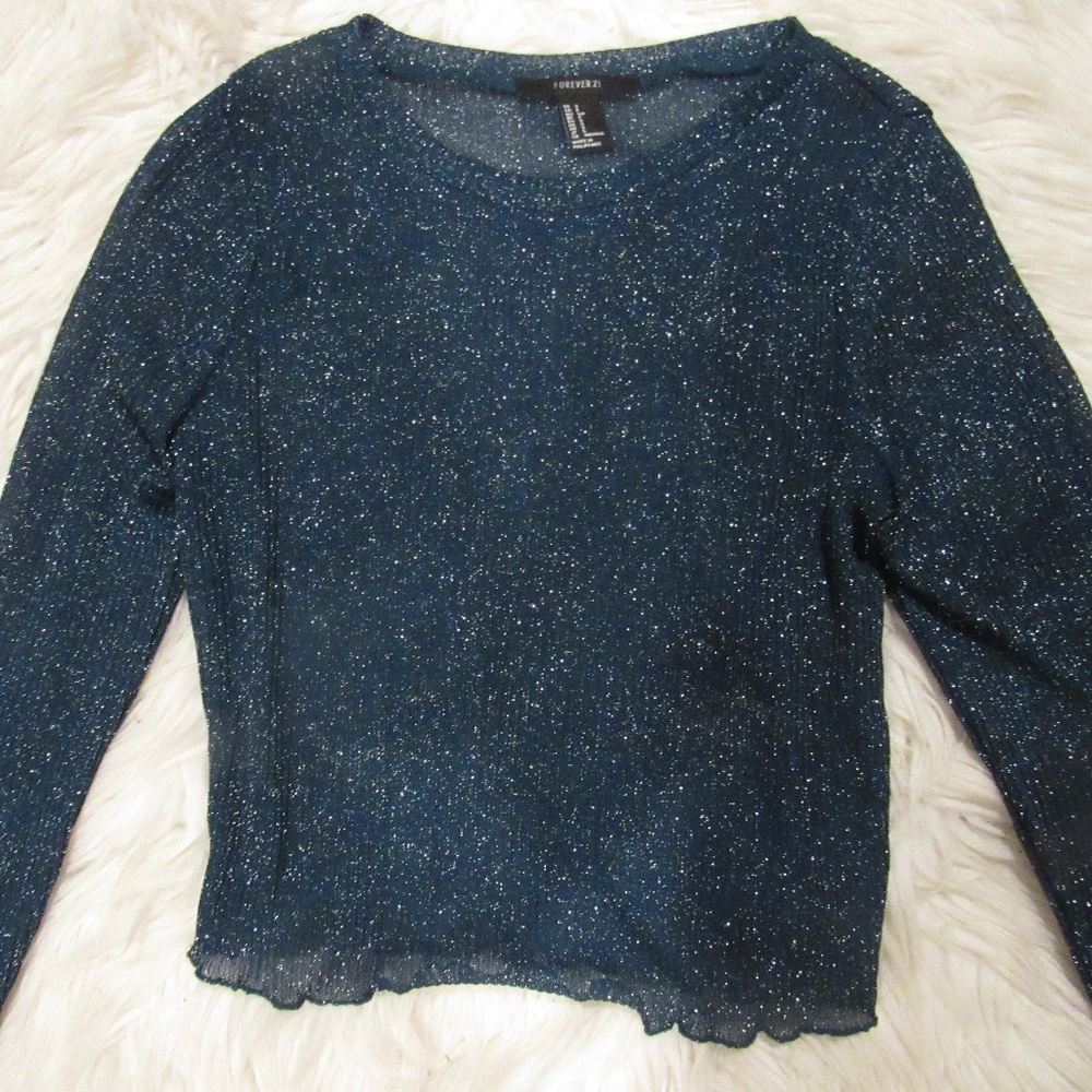 Long sleeve sparkly turquoise mesh top